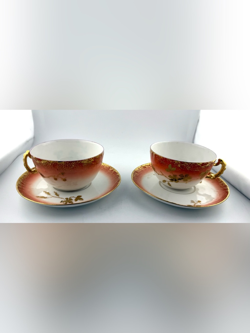 Vintage Limoges France SBS Porcelain Tea Cup Saucer Set Red Gold Japonisme
